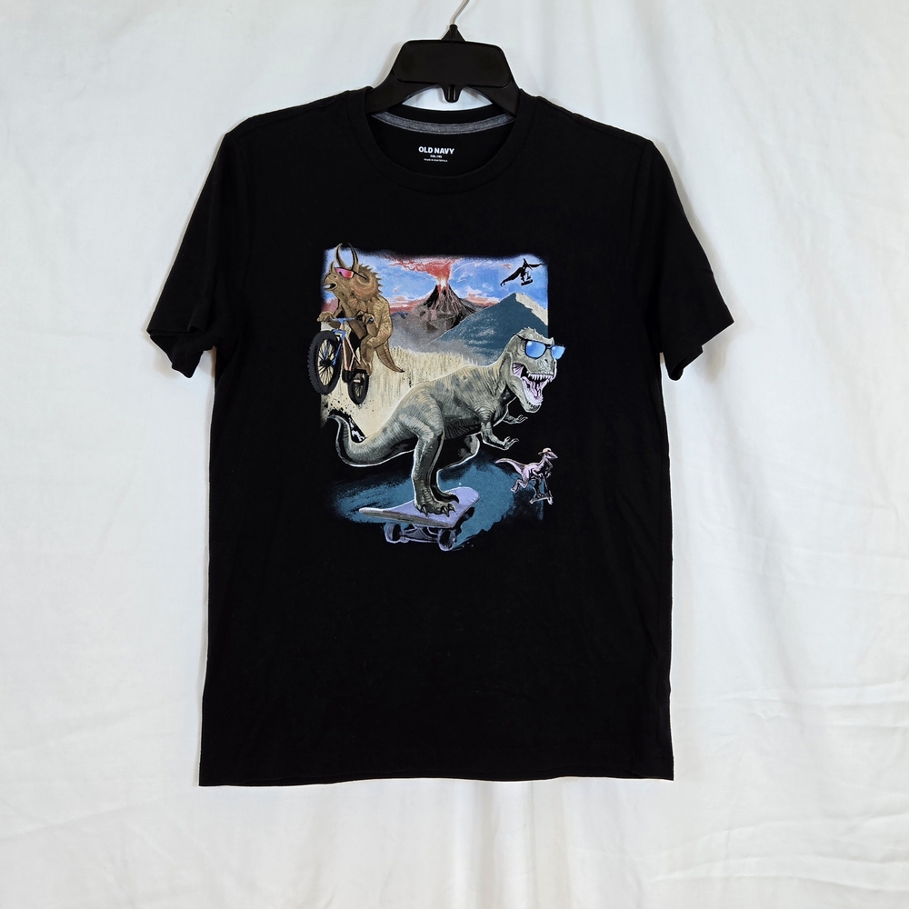 Old Navy Boys Black Dinosaur Soft‎ Washed Short Sleeve Casual Graphic Tee XXL